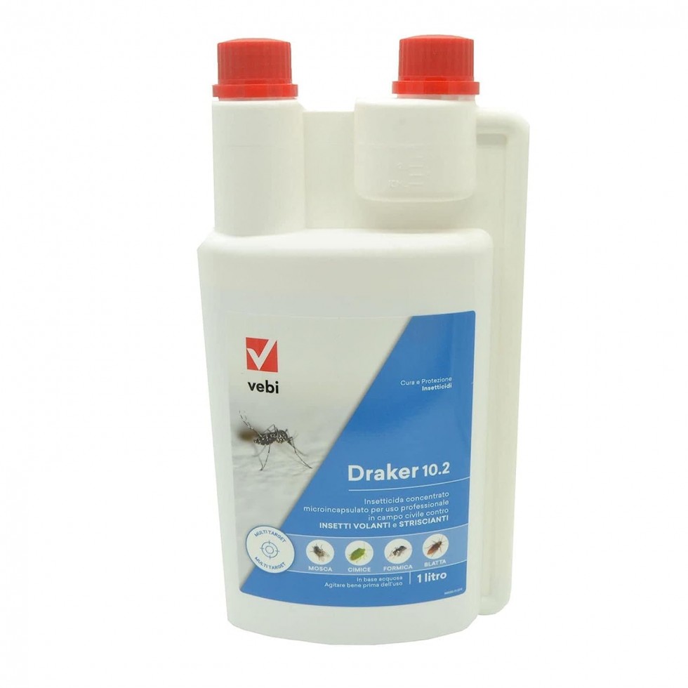 VEBI Insetticida concentrato Draker 10.2 per mosche, pulci, zecche, formiche e zanzare tigre 1 lt